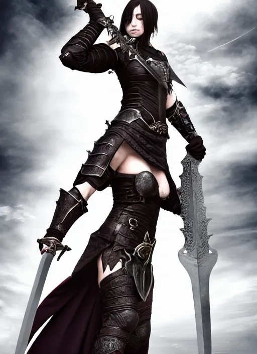 Image similar to female vampire warrior, large two - handed sword, large greatsword, full portrait, enchanting, elegant, lean and muscular, flying, barefoot, foot wraps, exposed toes, black heavy armor, historical armor, metal mask, in the style of ghostblade, wlop, modern fantasy, realistic proportions.