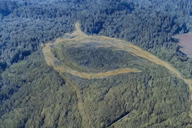 Image similar to the cascadian hilltops marked with alien symbols, news footage from helicopter perspective