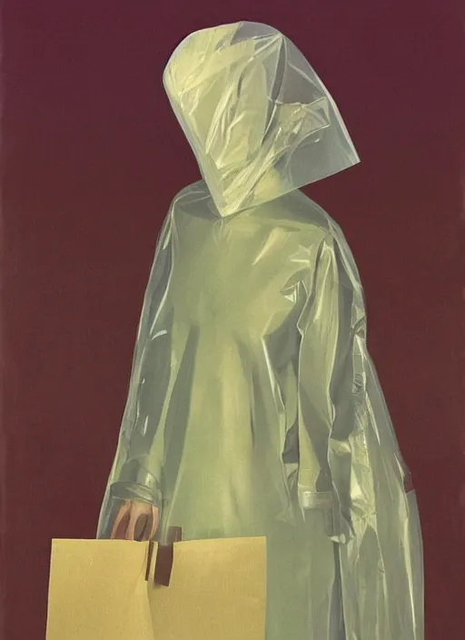 Image similar to beautiful woman in a translucent bomber jacket made from plastic bag with paper bags for clothes standing inside paper bags with paper bag over the head at store display Edward Hopper and James Gilleard, Zdzislaw Beksinski, highly detailed