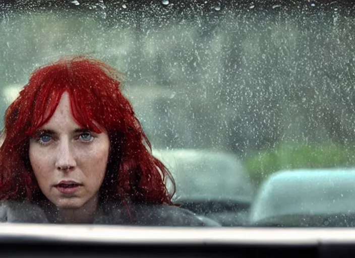 Image similar to A very high resolution image from a new movie, inside of a car, red hair woman, raining, hot, directed by wes anderson