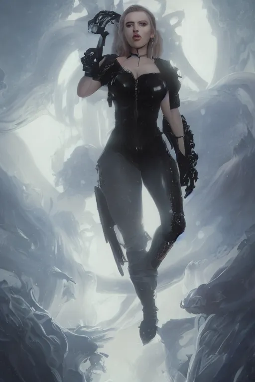 Prompt: a fancy portrait of a Scarlett Johansson as lady death by Greg Rutkowski, Sung Choi, Mitchell Mohrhauser, Maciej Kuciara, Johnson Ting, Maxim Verehin, Peter Konig, final fantasy , mythical, 8k photorealistic, cinematic lighting, HD, high details, atmospheric,