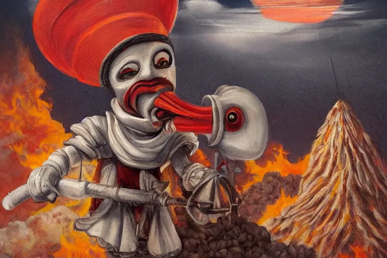 Image similar to a highly detailed pulcinella!!! from naples with pizza in foreground, volcano in the background with smoke, fire and lava, full body, wide angle, an ultrafine detailed painting by rivorio mok, post - apocalyptic vibe, trending on deviantart, whimsical, lowbrow, perfect symmetrical face, sharp focus, octane, masterpiece