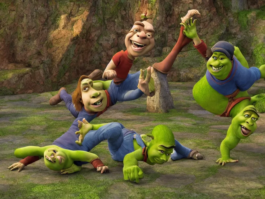 Image similar to shrek breakdancing while lord farquaad is in the back being impressed, High Definition detail, 8K, photography