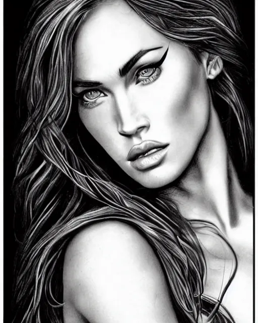 Image similar to pencil drawing of beautiful megan fox as greek goddess aphrodite, archer warrior, sagittarius tattoo, beautiful piercing eyes, flowing blonde hair, realistic face, hyper realistic, in the style of greg rutkowski, fantasy, amazing detail, epic, intricate, elegant, smooth, sharp focus