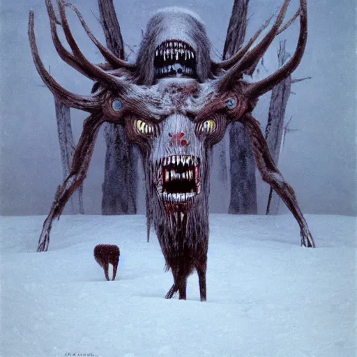 Prompt: wendigo prowling in the ancient snow mountain, beksinski