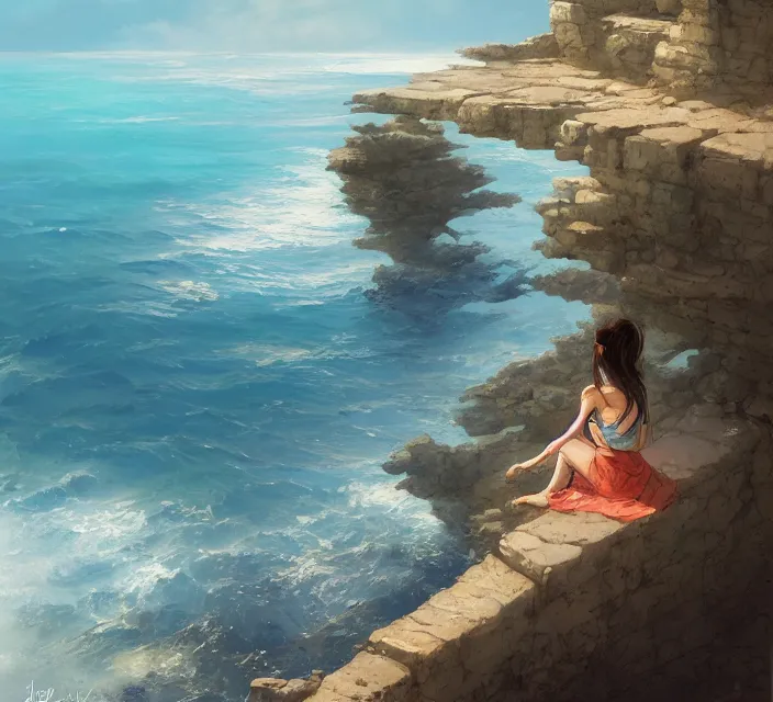 Image similar to a girl sitting on a cliffside overlooking the beach, blue waters, ripples, waves, reflections, details, sharp focus, illustration, by Jordan Grimmer and greg rutkowski, Trending artstation, pixiv, digital art