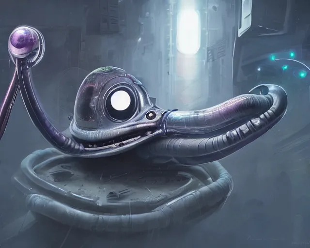 Prompt: alien slug with 3 eyes wearing a samurai helmet on its head and holding a laser rifle on its tentacles, photorealistic concept art, digital art, cyberpunk