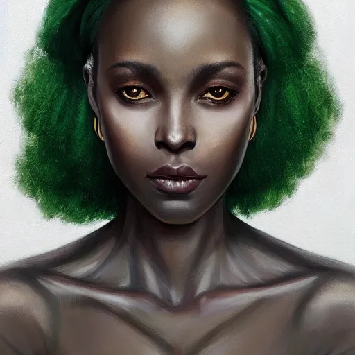 Prompt: a detailed matte oil on canvas head on symmetrical portrait of black skinned woman with long white and ( ( ( pale greenish ) ) ) hair, clothed by charlie bowater, lise deharme, wlop, trending on artstationhd, dungeons and dragons art critical role