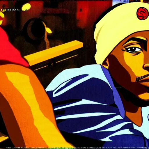 Image similar to Tupac Shakur, screenshot from a 2012s anime