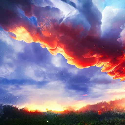 Image similar to falling down burning clouds, thunder and fire rain, 4k, post-processing, very very detailed, artstation, cute