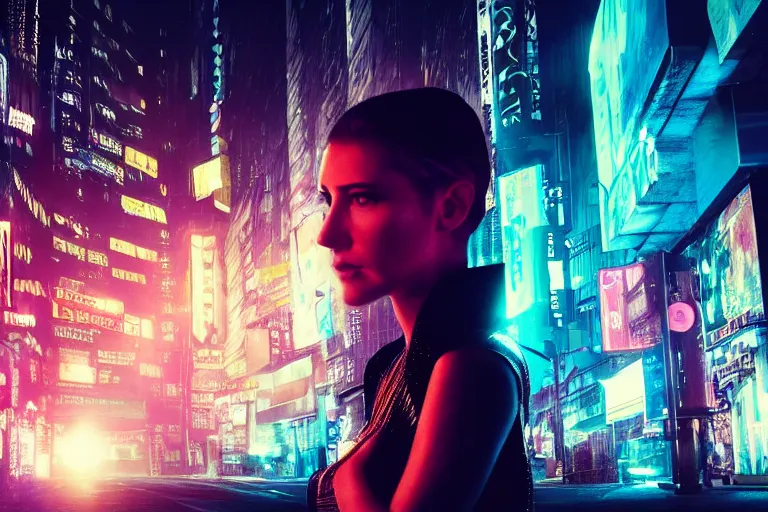 Image similar to VFX movie portrait closeup beautiful blade runner giant hologram woman glowing translucent skin, natural night street lighting in the city alley by Emmanuel Lubezki