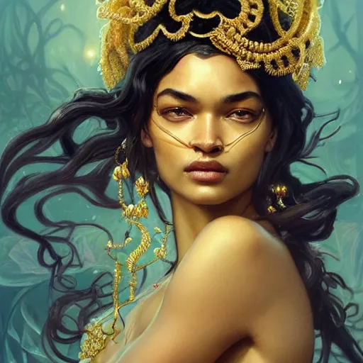 Prompt: Shanina Shaik as Medusa, intricate, elegant, highly detailed, digital painting, artstation, concept art, smooth, sharp focus, illustration, art by artgerm and greg rutkowski and alphonse mucha