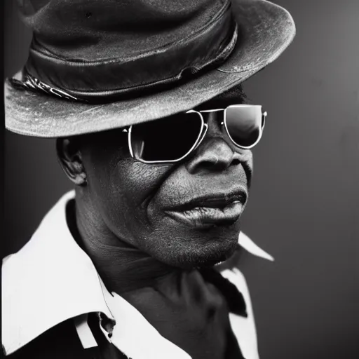 Prompt: black and white photo,portrait of congo mineworker with a hat and reflective sunglasses by richard avedon, realistic, Leica, medium format, cinematic lighting, parallax, high resolution,