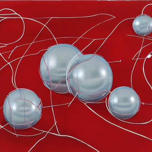 Prompt: chrome spheres on a red cube, contour drawing