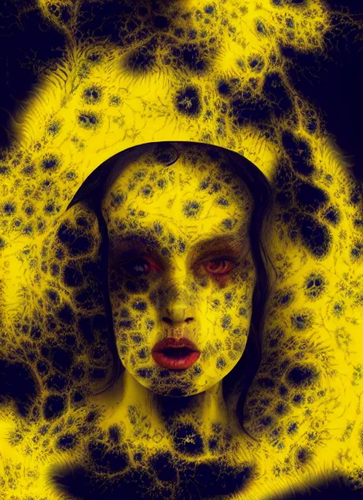 Prompt: dramatic yellow matte portrait painting of woman with black mandelbrot fractal instead of face, horror, body horror, dark art, 4 k, detailed, realistic, psychotic, insane, crazy, mental illness, dramatic,