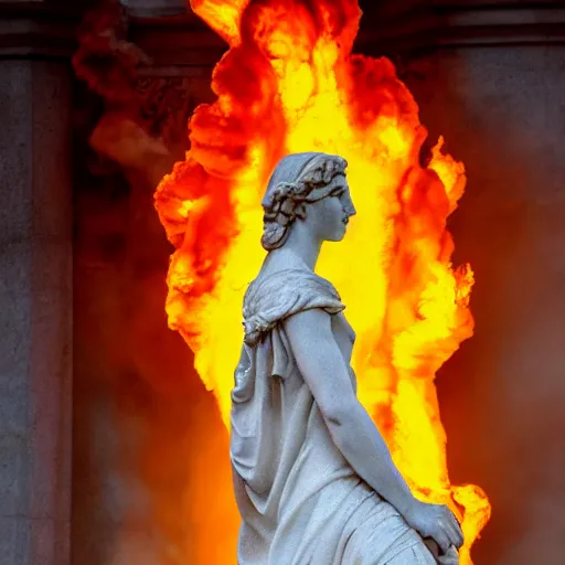 Prompt: a marble statue, on fire, dramatic photo