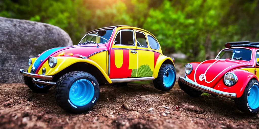 Image similar to Hot Wheels, vw bug baja, cinematic, Maxxis, 8k, depth of field, bokeh.