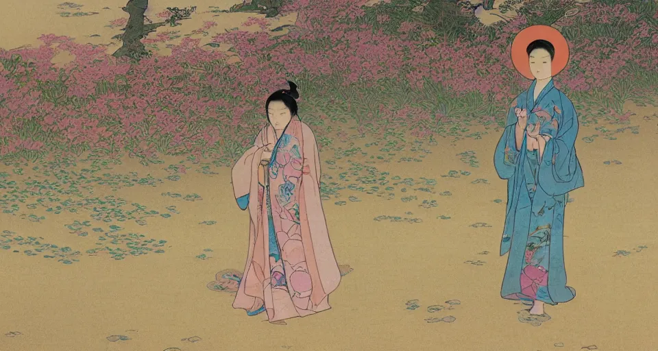 Prompt: a young asian woman with traditional korean robes walking on the sand in the desert, thousand flowers on her head, ultradetailed fantastic castles in the distance, japanese art, korean art, illustration in the style of moebius, miyazaki, alphone mucha, hokusai