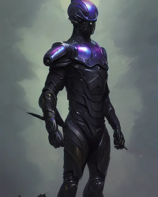 Image similar to character concept of iridescent sinewy smooth muscular male sleek glossy indigo black pearlescent scifi armor with smooth black flat featureless helmet, by greg rutkowski, mark brookes, jim burns, tom bagshaw, magali villeneuve, trending on artstation