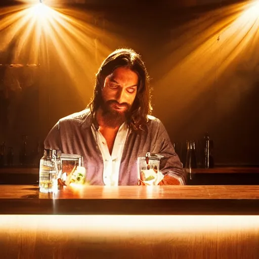 Image similar to a still of jesus sitting down on a stool at the bar, last call. it's dark and smoky. god rays through fog.