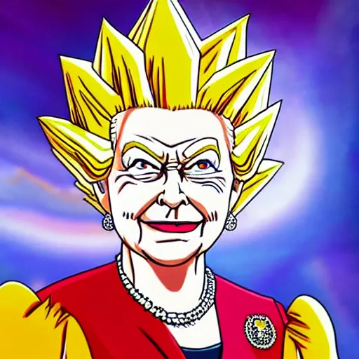 Prompt: Queen Elizabeth as a super saiyan