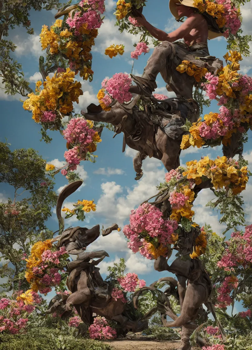 Image similar to a cowboy turning into blooms. tropical sea slugs, tractor tires. complementary colors. national geographic. 8 k, rendered in octane, smooth gradients. sculpture by antonio canova