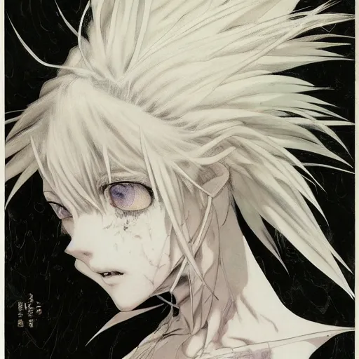 Image similar to yoshitaka amano realistic illustration of an anime girl with white hair and cracks on her face wearing dress suit with tie fluttering in the wind, abstract black and white patterns on the background, noisy film grain effect, highly detailed, renaissance oil painting, weird portrait angle