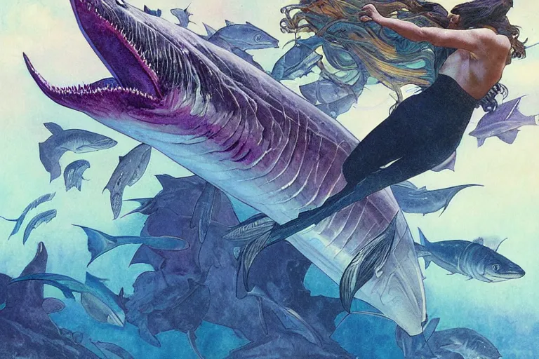 Image similar to an ichthyosaurus swimming among fish in a deep purple and blue ocean of evil intent, water color, art by artgerm and greg rutkowski and alphonse mucha and jin xiaodi and anthony devine