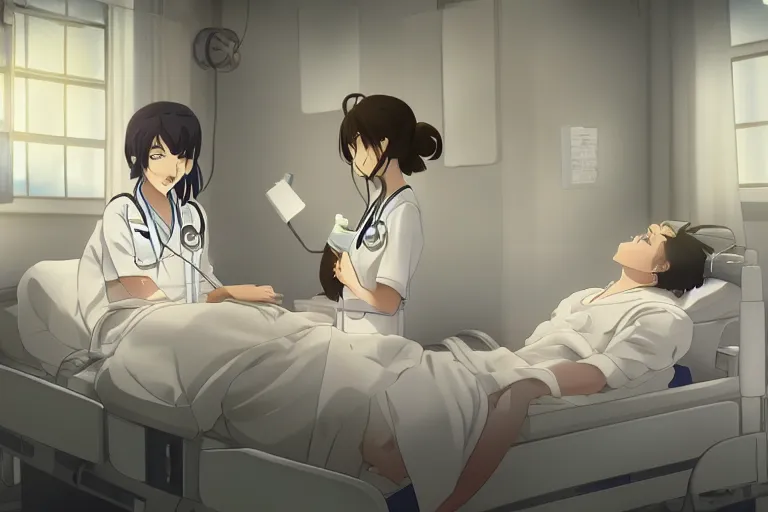 Image similar to a cute and beautiful young female doctor wearing white coat are taking care of a patient on a bed in a hospital ward, slice of life anime, lighting, anime scenery by Makoto shinkai