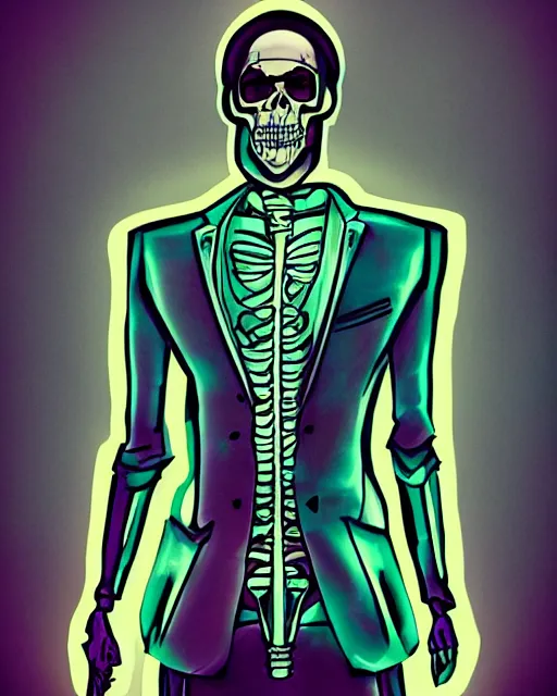 Prompt: dramatic cyberpunk portrait of a skeleton in a suit, color glow, intense shading