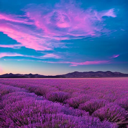 Image similar to rose and lavender colored sky with light pink clouds on a salt flat reflecting the pink sky dreamland