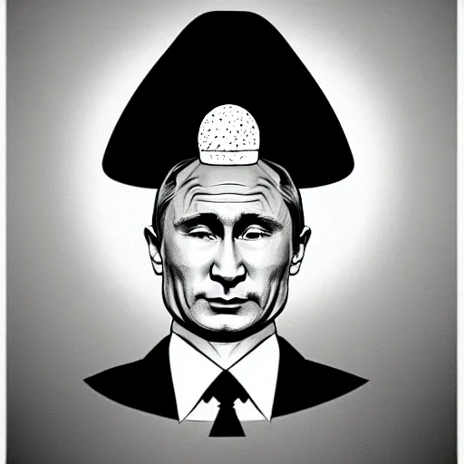 Image similar to vladimir putin with a nuclear mushroom cloud for a hat, cartoonish, in the style of genndy tartakovsky