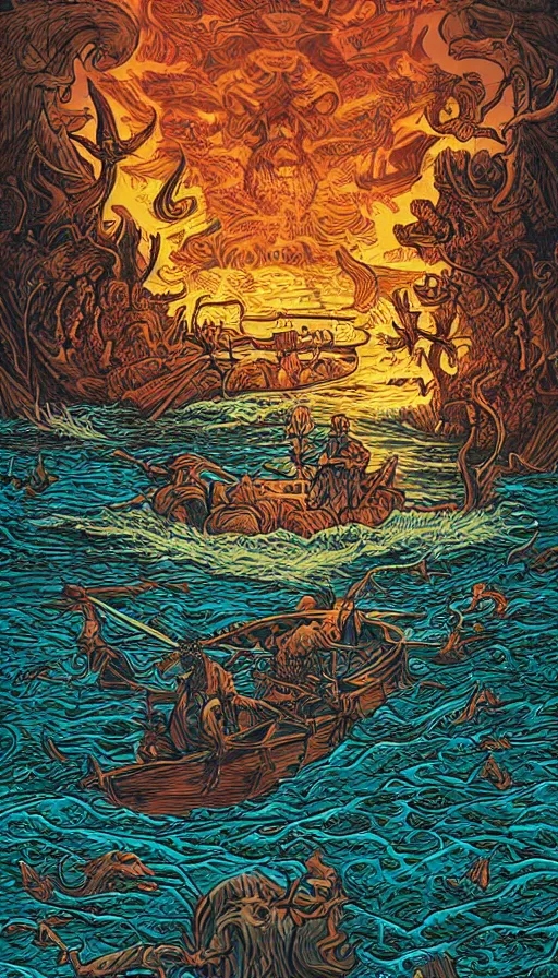 Image similar to man on boat crossing a body of water in hell with creatures in the water, sea of souls, by dan mumford