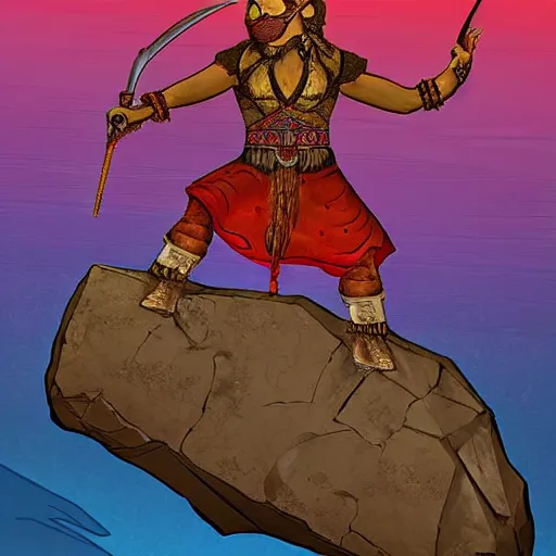 Prompt: persian folktale art style, barbarian on mars, standing atop boulder overlooking expanse, wearing a mask