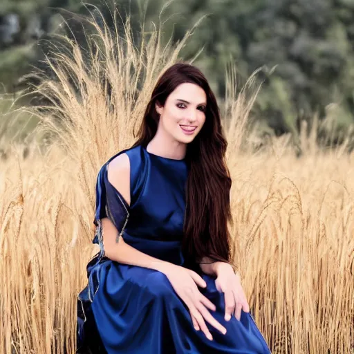 Prompt: a beautiful woman with long brown hair and a dark blue silk dress sitting in a wheat field