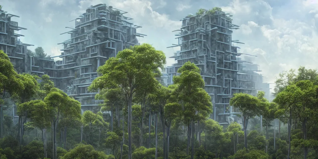 Prompt: lusciously grown forest based on the brutalist architecture of ricardo bofill in an urban megacity, sci - fi, light blue sky with clouds, dramatic matte painting, style by thomas cole, 8 k, octane render, photorealistic, hyperrealism