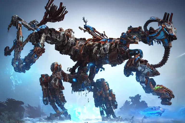 Image similar to thunderjaw machine mecha animal beast robot of horizon forbidden west horizon zero dawn bioluminiscence global illumination ray tracing hdr fanart arstation by sung choi and eric pfeiffer and gabriel garza and casper konefal