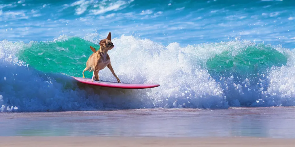 Image similar to chihuahua surfing tropical background waves focus photography 4k hyper realism surreal sunny beach