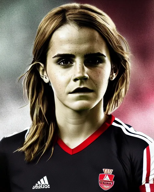 Image similar to a portrait of emma watson as a lokomotiv football player, hyper realistic