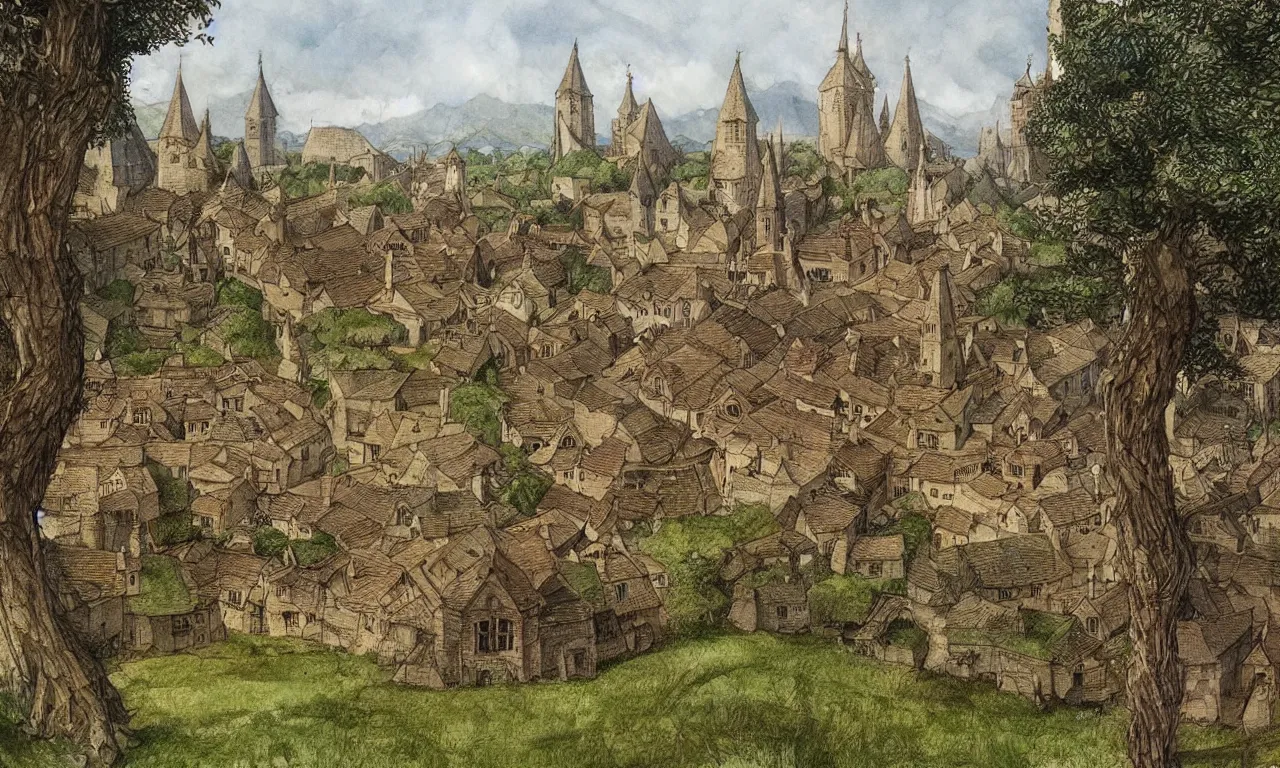 Prompt: medieval small town with some farms and trees, high detailed color sketch by John Howe and Alan Lee, award-winning masterpiece