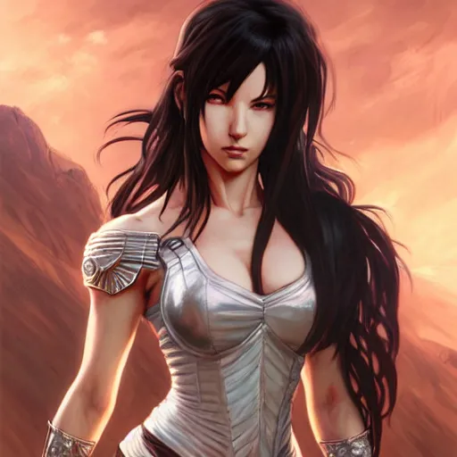 Prompt: an epic fantasy comic book style portrait painting of tifa, d & d, fantasy, intricate, elegant, digital painting, artstation, concept art, extremely detailed, matte, sharp focus, illustration, art by artgerm and greg rutkowski and alphonse mucha