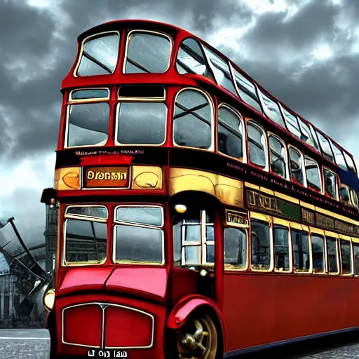 Prompt: A steampunk double decker bus with a giant billowing column ontop, steam powered, streetview of old London, by Enki Bilal, digital art, unreal engine, gothic style, - W 832