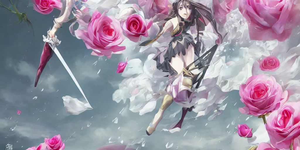 Image similar to floating flying longswords slicing through a bouquet of white and pink roses, flowers exploding and spraying, big puffy clouds, sharp rain, large rose petals, lotus petals, large polygonal background elements, large polygons, dramatic anime, dramatic lighting, artgerm, manga, trending on artstation, art nouveau, mature colors