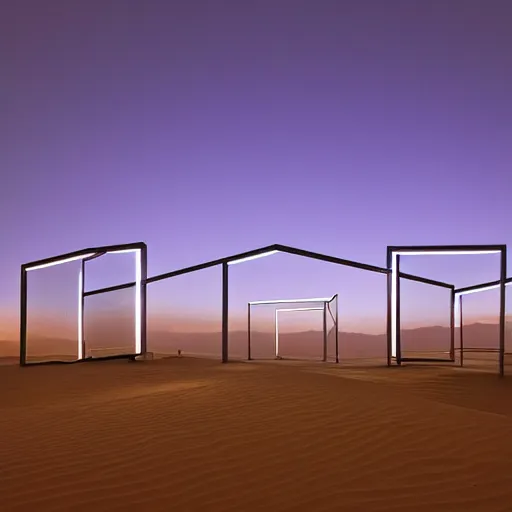 Image similar to optical illusion architecture in the desert at night, open space architecture, minimalistic architecture, neon light, james turrel,