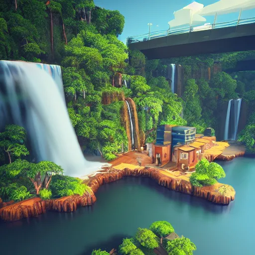 Image similar to manhattan and waterfalls on a floating island in the sky, low poly art, isometric art, 3d render, ray tracing, high detail, artstation, concept art, behance, smooth, sharp focus, ethereal lighting, octane render