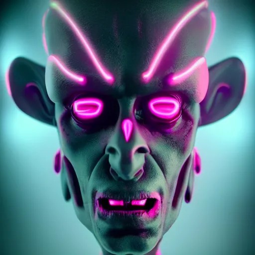 Prompt: synthwave demonic grey alien face with neon horns, detailed face, sharp focus, synthwave art, aesthetic, octane render, raw, cinematic