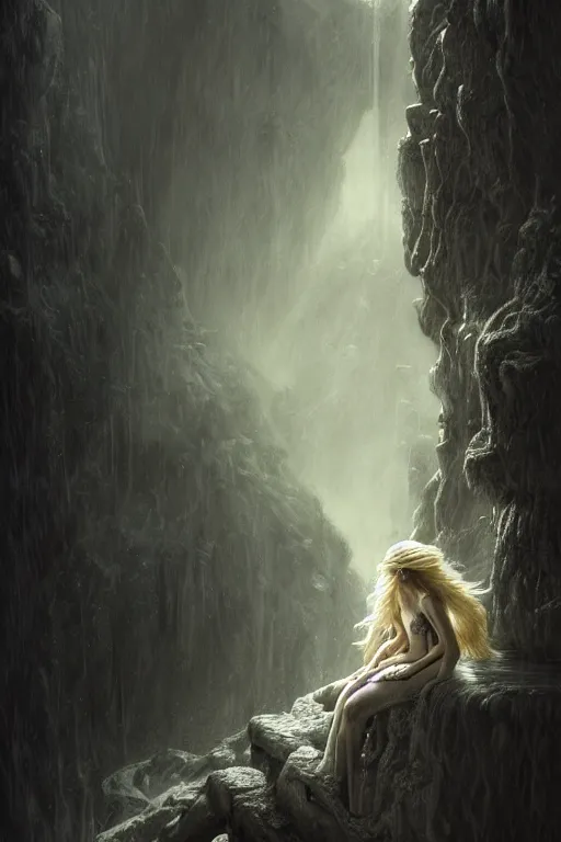 Prompt: A beautiful Norse Goddess with long flowing blonde hair on a ledge od deep abyss fantasy, intricate, elegant, highly detailed, D&D, digital painting, artstation, concept art, matte painting, sharp focus, illustration, extremely moody lighting, glowing light and shadow, atmospheric, shadowy, cinematic, in the style of Greg Rutkowski and artemisia gentileschi and Alphonse Mucha