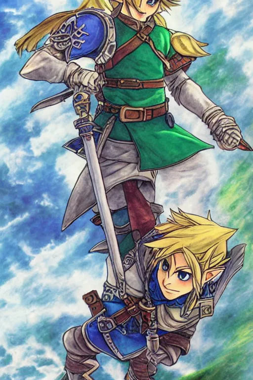 Image similar to Link from the Legend of Zelda as a Final Fantasy Character, by Yoshitaka Amano, peaceful color palette
