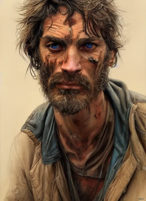 Image similar to a portrait a dirty unwashed homeless man, art by boris vallejo and greg danton and denys tsiperko, detailed, hyperrealism, artstation