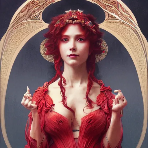 Image similar to portrait of red goddess, intricate, elegant, highly detailed, digital painting, artstation, concept art, smooth, sharp focus, illustration, art by artgerm and greg rutkowski and alphonse mucha and william - adolphe bouguereau